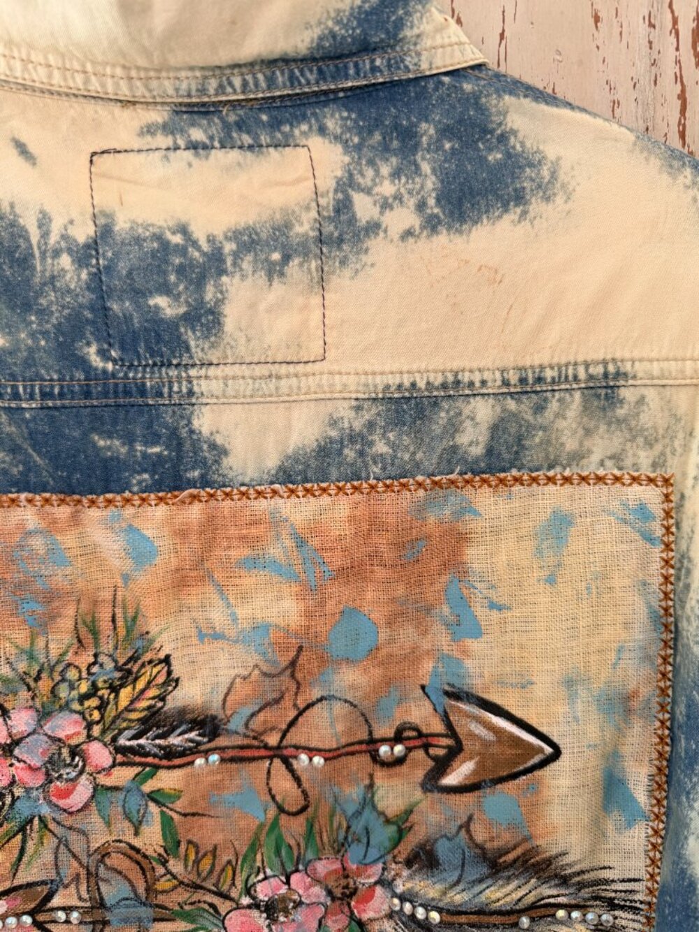 A RARE BIRD BLEACH OUT PATCH BACK RHINESTONE TRIM DENIM SHIRT - Picture 9 of 12
